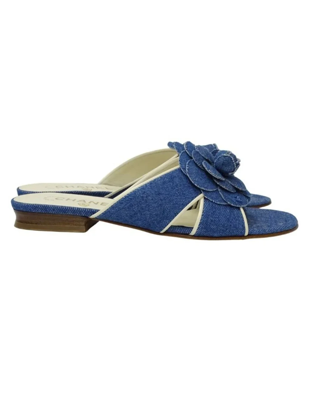 Chanel Sandals Camellia Denim Leather Blue White Summer Mules